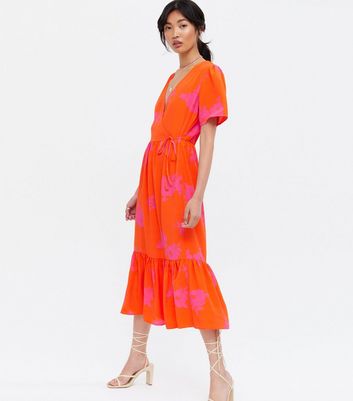 Orange Floral Wrap Tiered Midi Dress | New Look